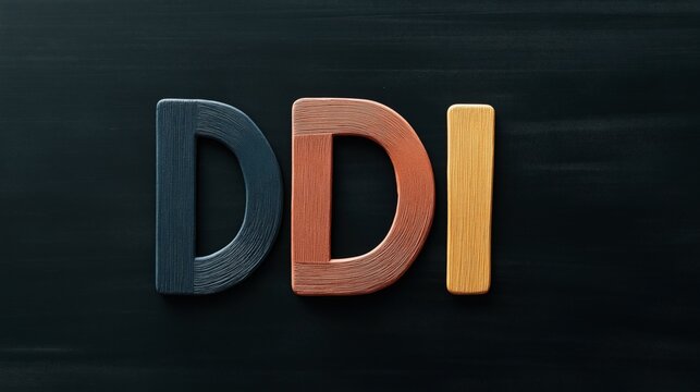Colorful 3D letters DDI in blue, red, and yellow against a dark background with a textured surface.