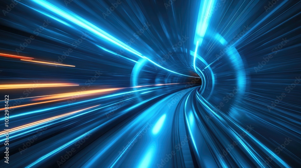 Poster 3D Rendering Of A Futuristic Neon Glowing Speed Tunnel Flight Through Tunnel Distortion Effect Signal Interference Virtual Reality Background Wallpaper