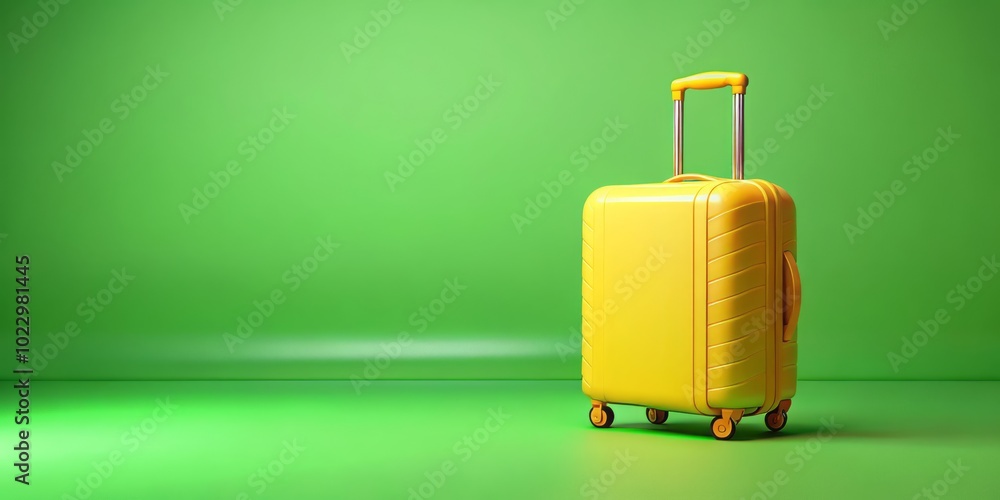 Aufkleber a vibrant yellow suitcase spins on a bright green chroma key backdrop, ideal for 3d rendering projec