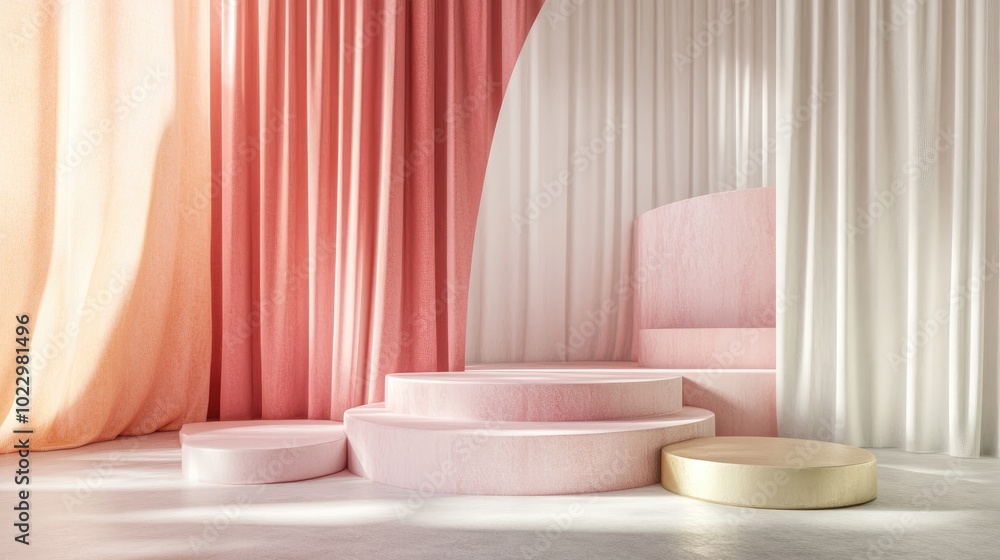Poster 3D render of abstract platforms featuring golden pink and white shapes and drapes Geometric forms presented in a contemporary minimalistic style Realistic mock up designed for promotional use back