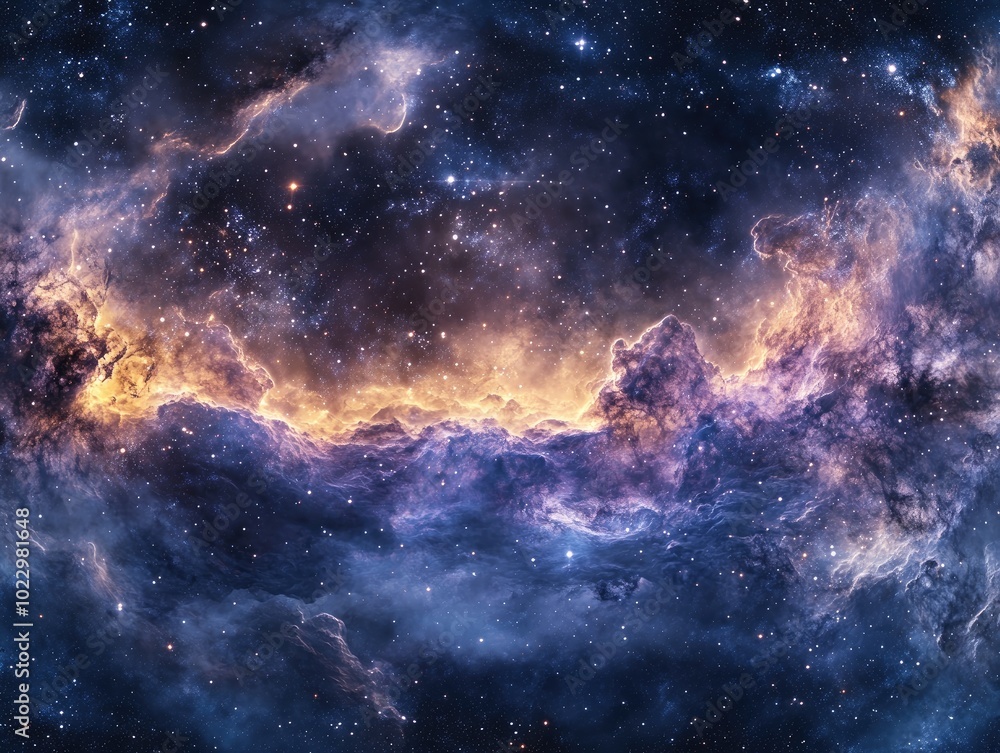 Poster 360 degree space nebula featuring a massive interstellar cloud with stars presented in equirectangular projection as an HDRI spherical panorama 3D illustration