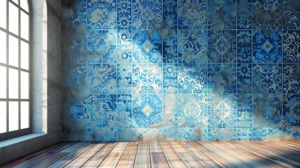 Elegant blue Deco patterned wall design, showcasing intricate traditional artistry and vibrant hues, perfect for interior enhancement.