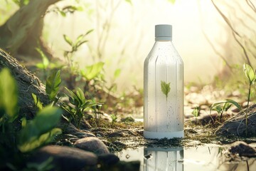A transparent plastic bottle with water and a green leaf inside, set against a serene, sunlit forest backdrop.