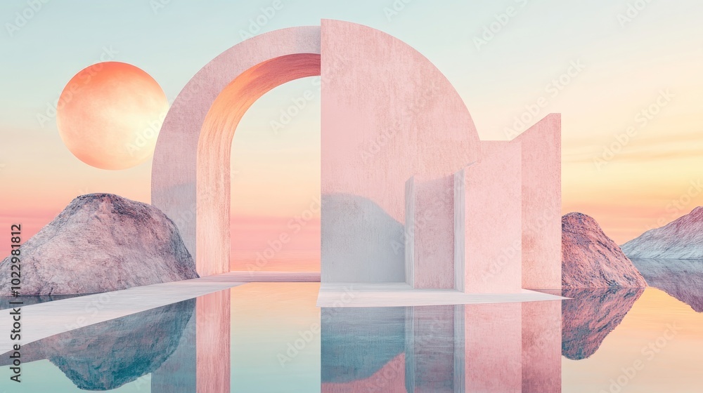 Poster 3D render of an abstract surreal pastel landscape featuring architectural elements and geometric shapes complemented by a beautiful gradient sky and a tranquil lake embodying minimalism