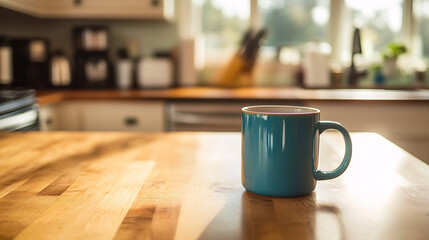 Fototapeta premium Simple mug on a wooden kitchen counter in a spacious, uncluttered kitchen with an open layout