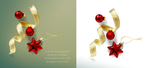 Christmas composition with Isolated Christmas gold ribbon and red christmas tree ball on transparent background with real transparent background. png Flat lay, top view