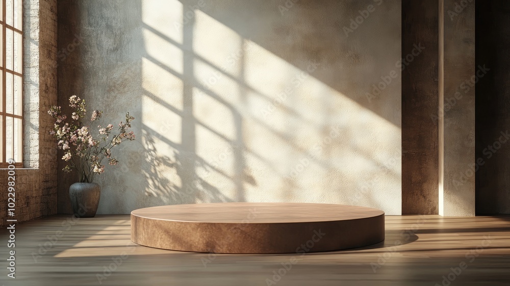 Poster Brown display podium in a well lit room with a window backdrop 3D rendering