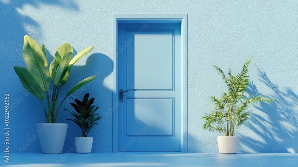 Aufkleber Blue themed door and window with plants Light backdrop featuring negative space 3D rendering suitable for web pages presentations or picture frame designs minimalist summer concept