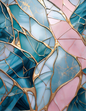 Jolie texture d'&eacute;clats de marbre rose et bleu cercl&eacute; de dorure 