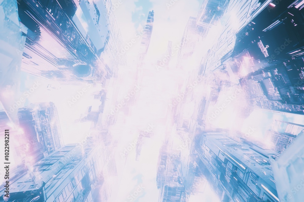 Poster a futuristic cityscape with vibrant colors and light effects, creating a sense of depth and motion.