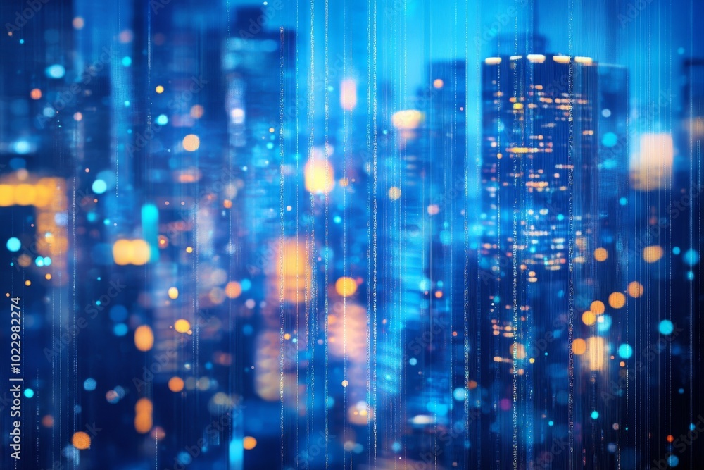 Poster a mesmerizing cityscape at night, illuminated by vibrant blue and warm glow of lights, creating a dy
