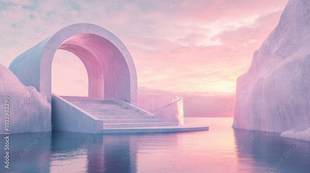 Aufkleber 3D render of an abstract surreal pastel landscape featuring architecture and geometric designs complemented by a beautiful gradient sky and a tranquil lake with calm waters showcasing a minimalist