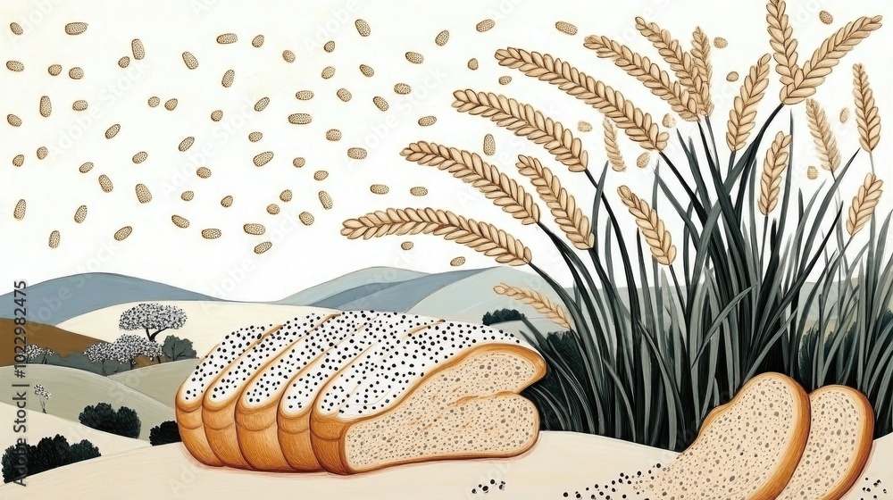Poster Bread on Burlap Background with Wheat Elements