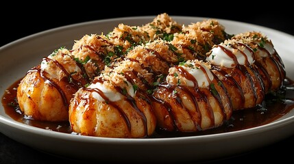 Takoyaki (Octopus Balls) with Toppings: A plate of perfectly round takoyaki, drizzled with mayonnaise and okonomiyaki sauce, topped with bonito flakes and green seaweed powder