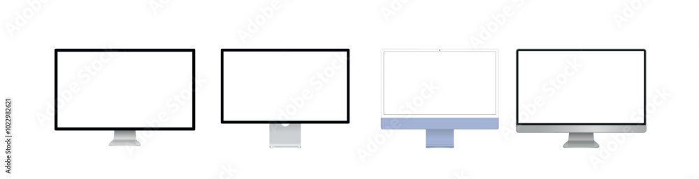Poster Device screen mockup collection. Realistic mock up computer with shadow. Monitor display with blank screen isolated on background. Vector illustration