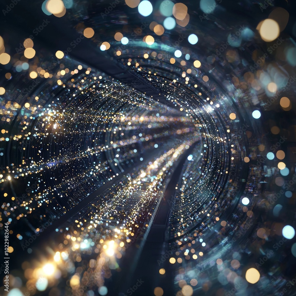 Poster abstract swirling tunnel of lights, creating a mesmerizing effect with blue and gold tones.