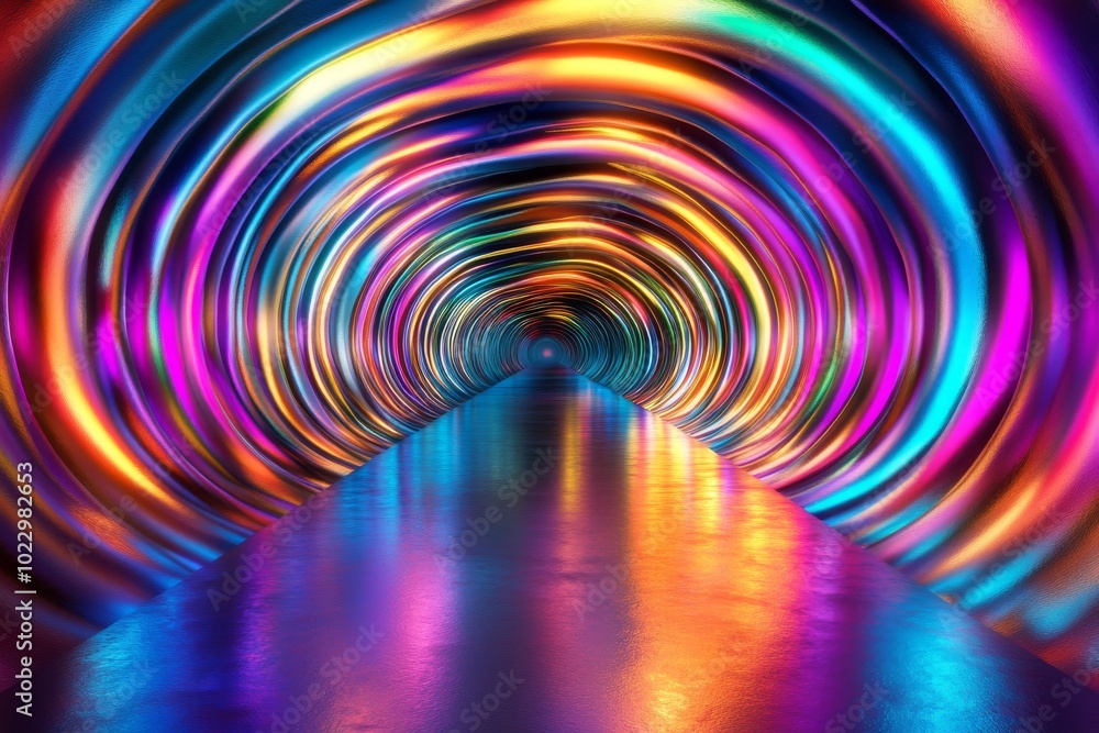 Poster vibrant tunnel of swirling colors reflects on a glossy surface, creating a mesmerizing and dynamic v