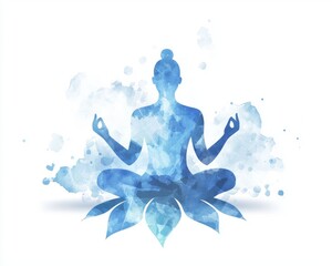 A serene blue silhouette of a meditating figure, surrounded by watercolor splashes, embodying calmness and mindfulness.