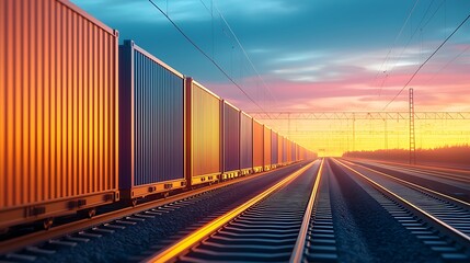 Obraz premium Sustainable shipping containers being loaded onto an electric train