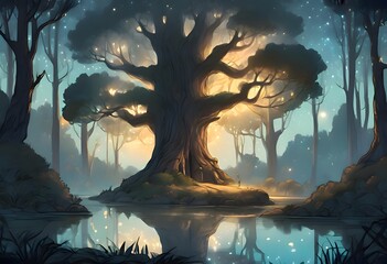 Fototapeta premium Majestic Tree Illuminated in a Serene Forest Scene