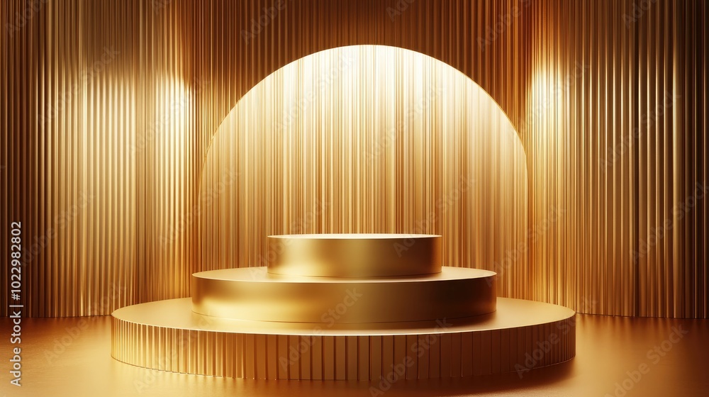 Aufkleber 3D render of a gold background featuring geometric shapes an empty pedestal arranged on three levels and a circular wall design with a gradient from small to large creating a platform composition