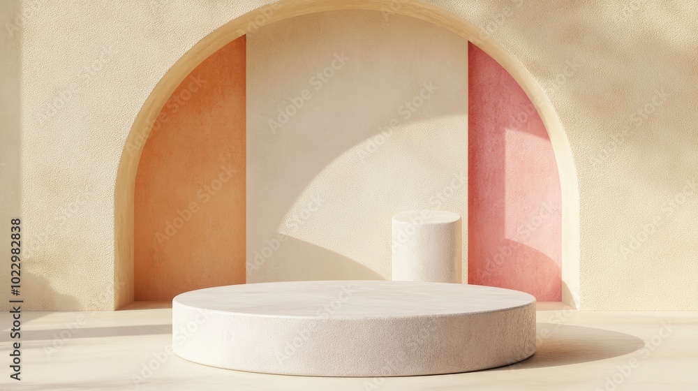 Aufkleber 3D rendering of geometric stone podium Abstract pastel shapes create a blank platform Empty pedestal for product display ideal for showcasing cosmetics Minimalist composition featuring a rounded s