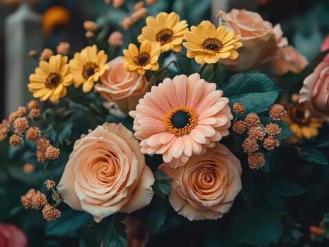 a poignant floral bouquet gracing a cemetery, symbolizing remembrance and sorrow, the soft colors and gentle arrangement reflecting a tender farewell in a serene setting