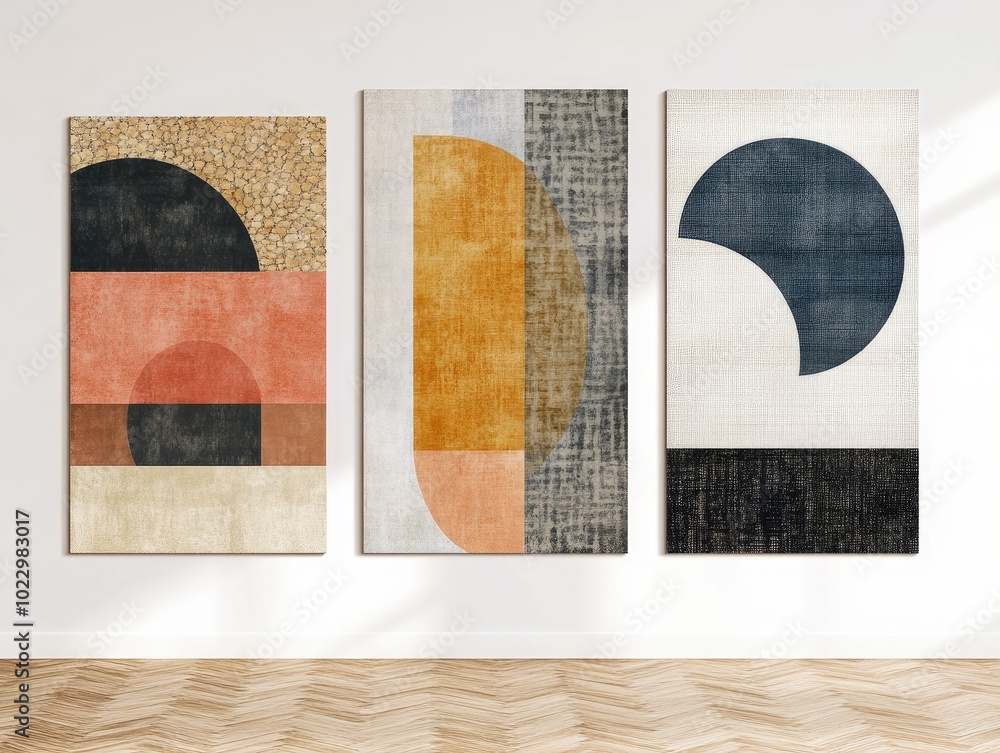 Poster collection of three abstract minimalist backgrounds featuring hand painted illustrations and geometr
