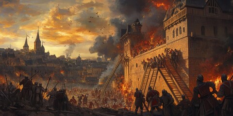Naklejka premium Medieval city under siege, burning, soldiers fight.