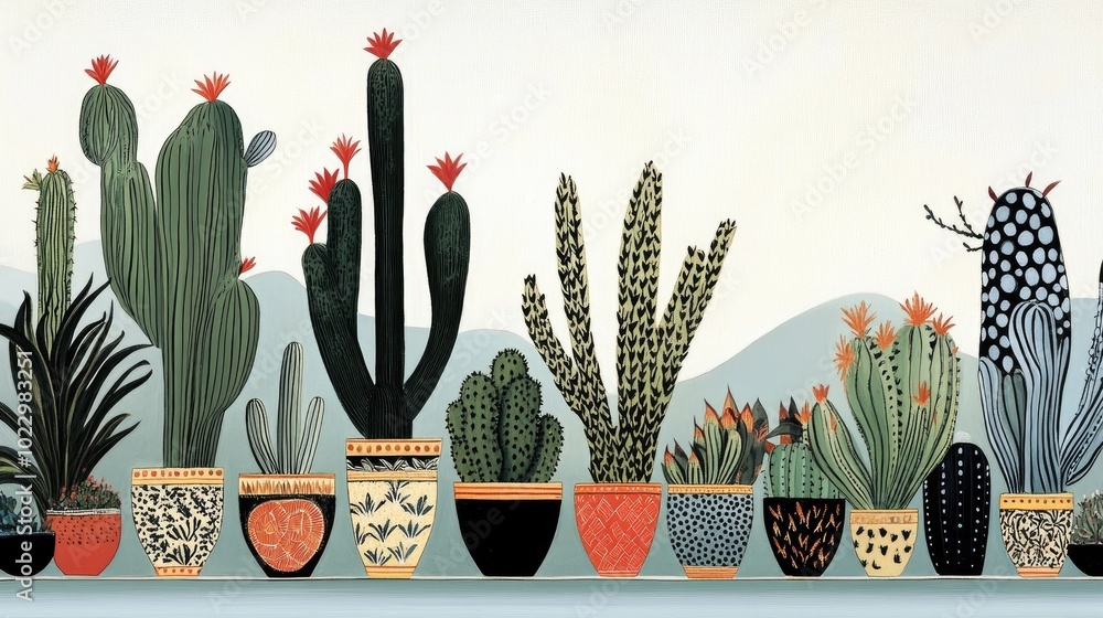 Poster Cacti In Pots Displayed On A Shelf