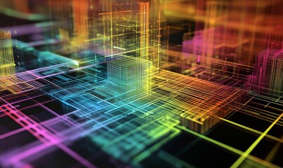 Obraz premium Abstract 3D rainbow grid city.