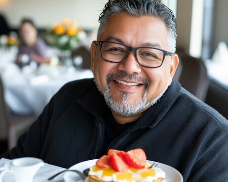 Smiling middle-aged Hispanic man enjoying a delicious breakfast with pancakes topped with strawberries.
