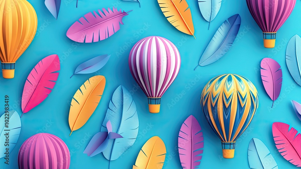 Poster a vibrant seamless pattern of 3d hot air balloons floating on a paper feather background in various 