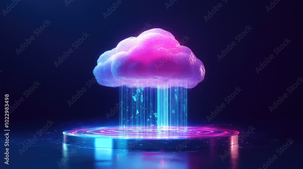 Poster a virtual platform with a glowing cloud and streaming data, showcasing cloud computing technology an