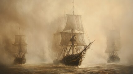 Obraz premium Three sailing ships in heavy fog.
