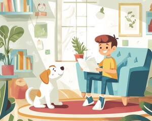 A young boy reading a book on a cozy couch with a cheerful dog by his side, surrounded by indoor plants.