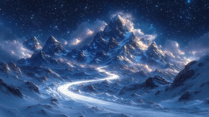a winding road tracing through a snowy mountain landscape illuminated by a sky full of stars evoking a sense of adventure and wonder in a breathtaking nighttime scene