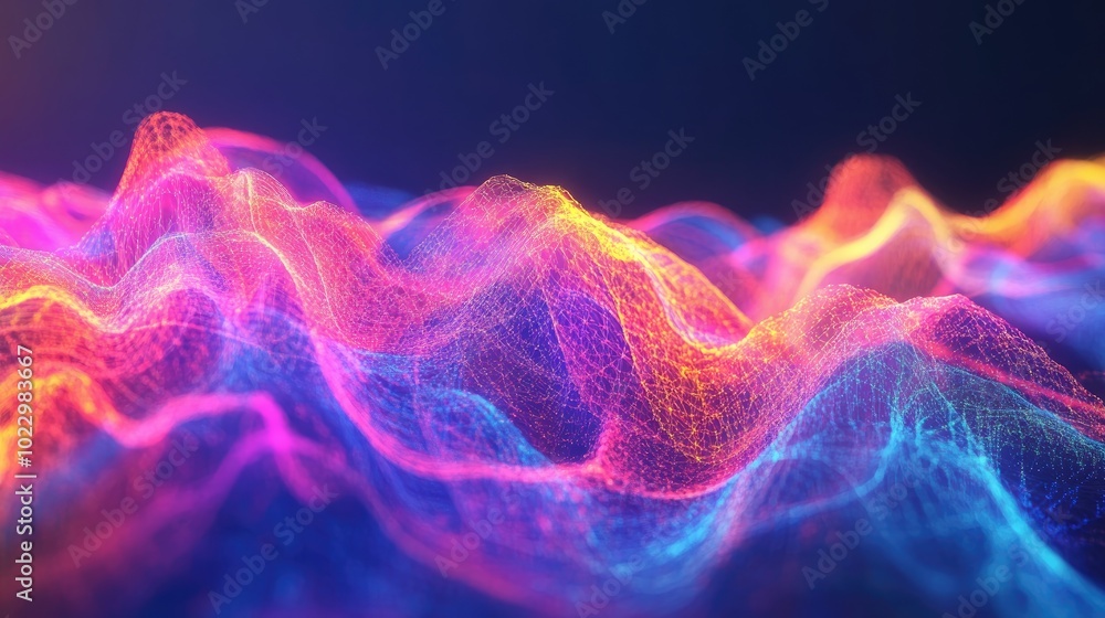 Poster 3D Render Abstract Neon Background With Colorful Liquid Waves Gradient Big Data Visualization With Sound Music Effects Colorful Pulses And Waves Data Graph Representation