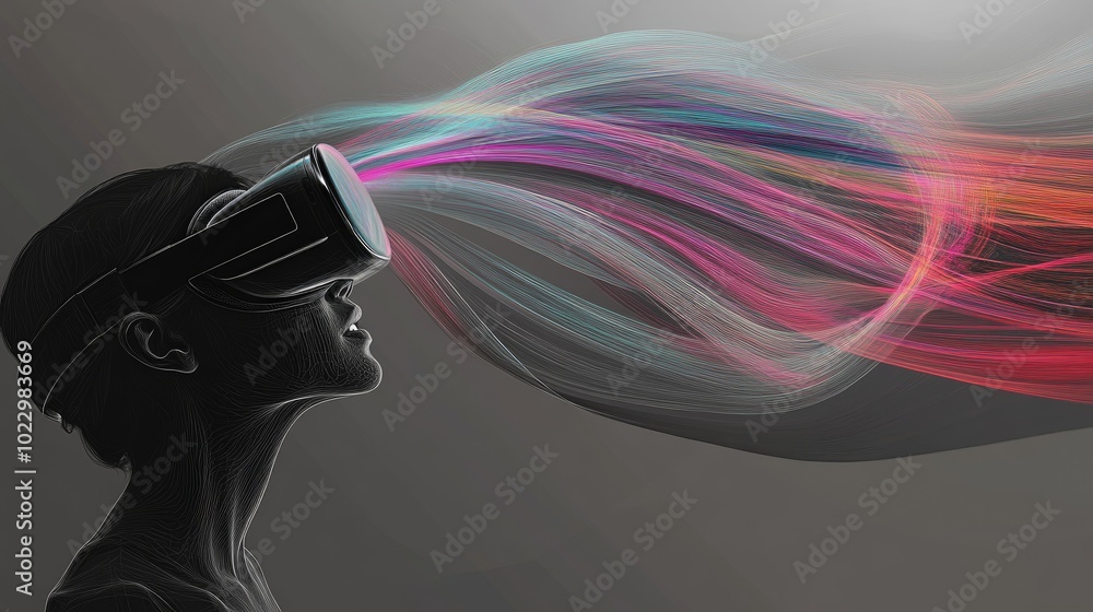 Poster a virtual reality headset user engages with flowing data streams, illustrating the convergence of di