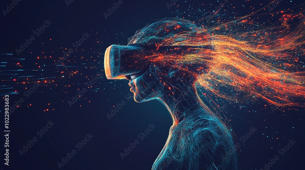 Poster a virtual reality headset user engages with flowing data streams, illustrating the convergence of di