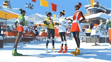 Obraz premium A vibrant winter scene featuring four stylish women in a snowy outdoor setting.
