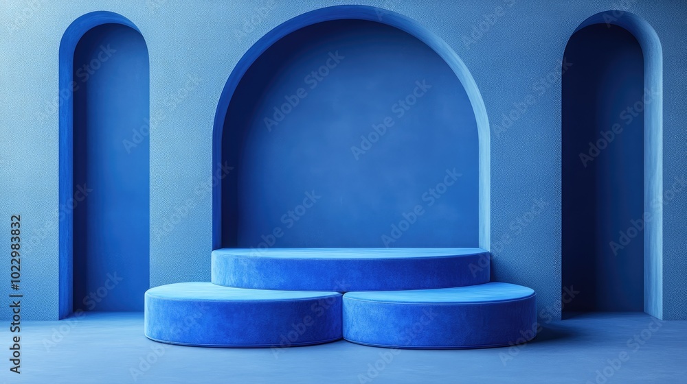Poster Blue product display stand or podium on advertising background with blank backdrops 3D rendering