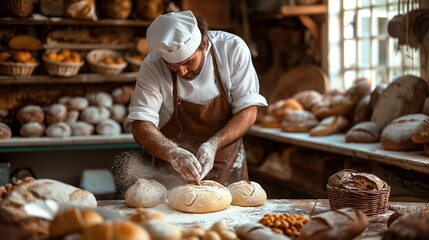 Baker forms loaves of bread from raw dough in a professional kitchen. Bakery products. Bakery. Character chef, pastry chef for advertising.	
