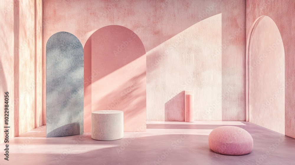 Poster Abstract geometric shapes in pastel colors create a minimal scene ideal for cosmetic or product display podium in 3D render