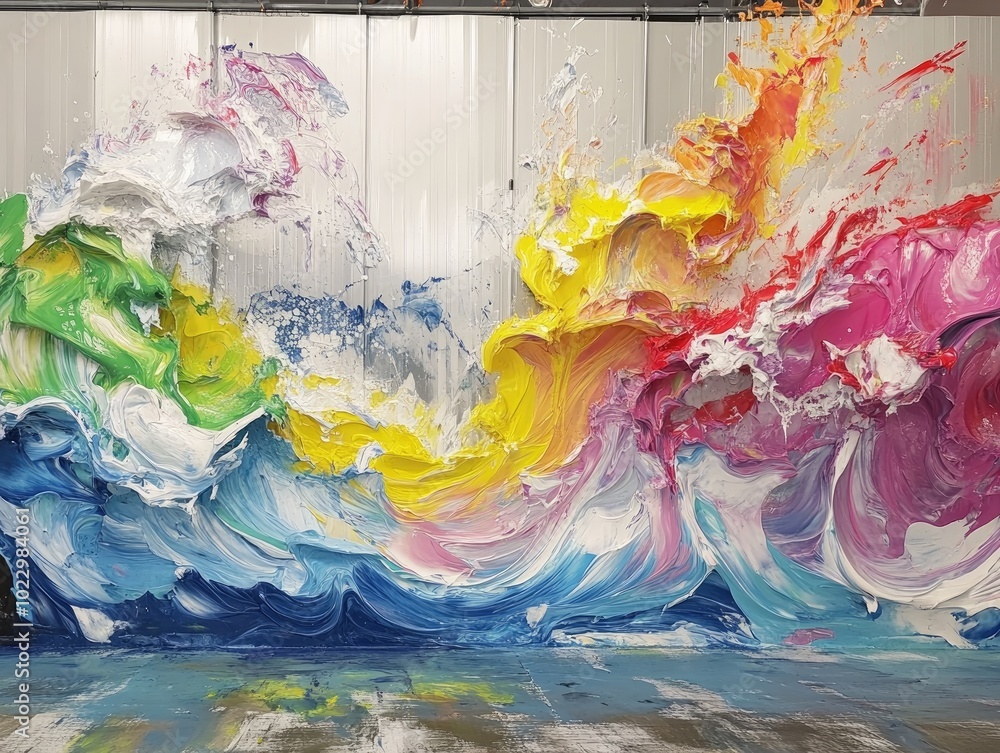 Poster abstract painting depicting colorful fluid movements resembling ocean waves flowing from a washing p