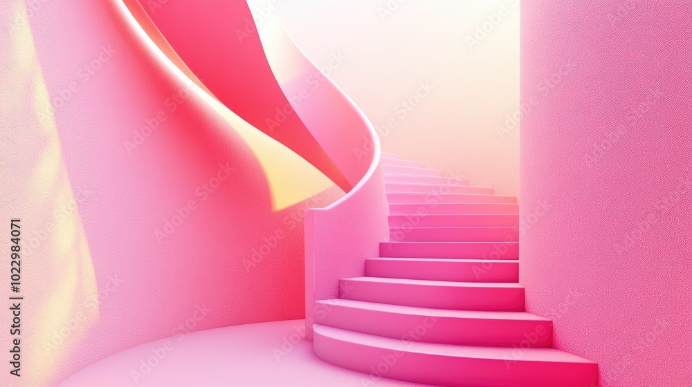 Aufkleber 3D rendering of pink spiral stairs with cylindrical design set against an abstract background in pastel hues creating a minimalistic scene