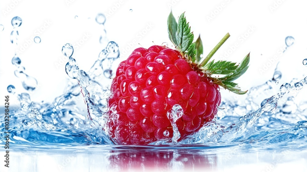 Poster A Single Raspberry Splashing into Water with a Clear Background