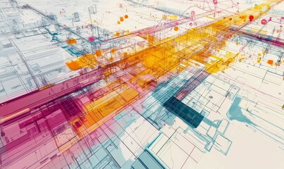 Obraz premium Abstract cityscape with colorful lines and squares.