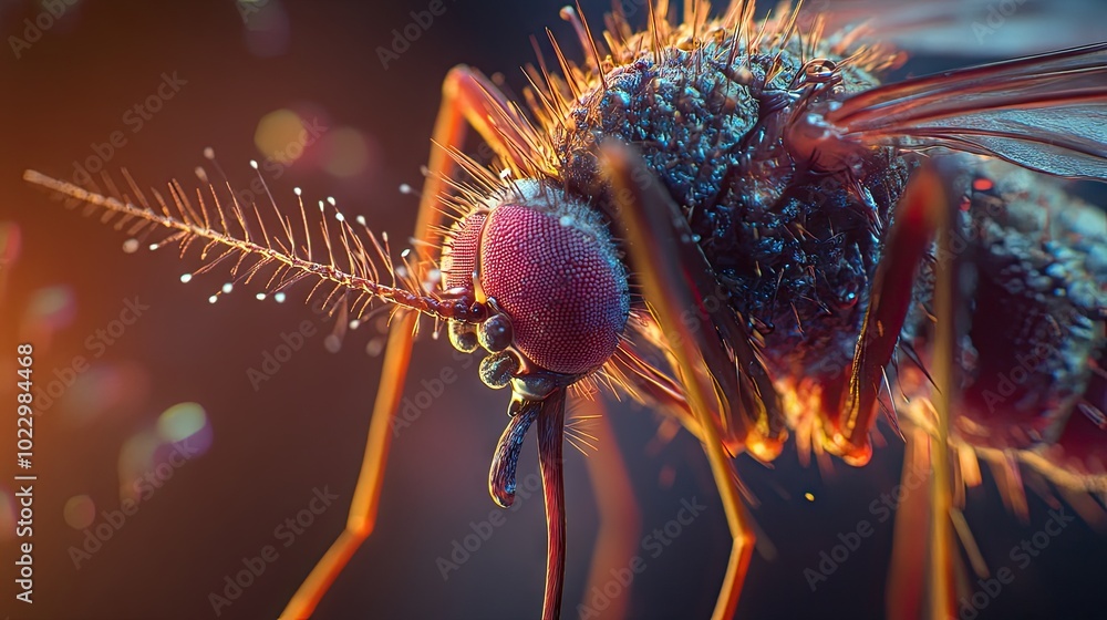 Poster a vivid macro image showcasing the zika virus on a mosquito's proboscis, highlighting the important 