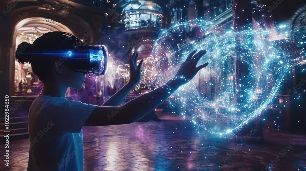 Poster a vr user interacts with data streams that merge with their physical surroundings, representing the 